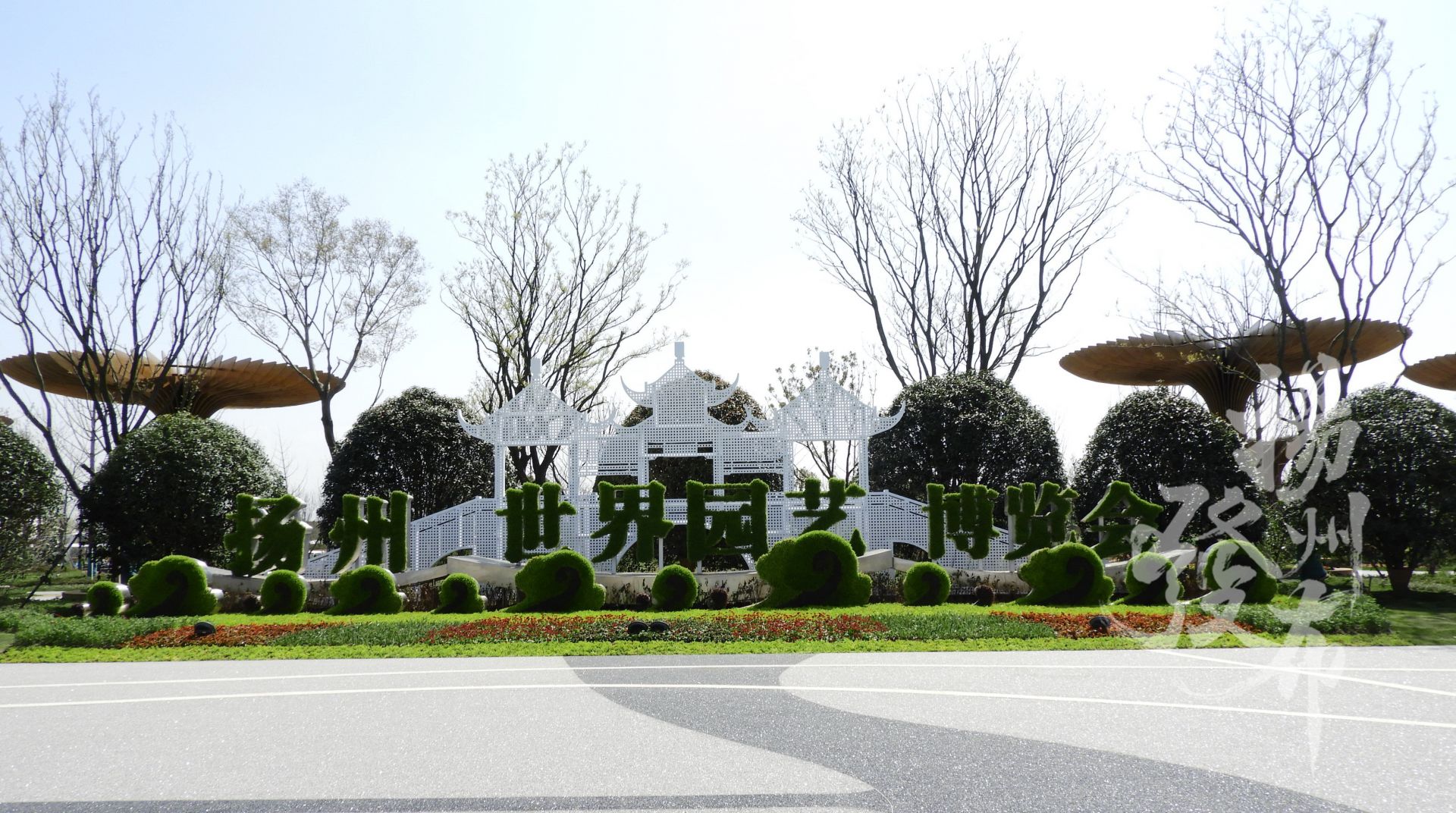 2021扬州世园会的东园北入口,有一组迎宾绿雕.